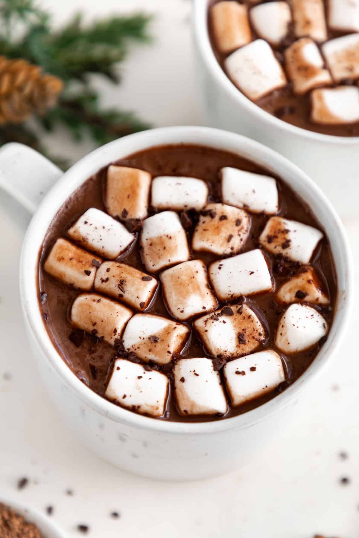 vegan hot cocoa and mini marshmallows inside a white ceramic mug