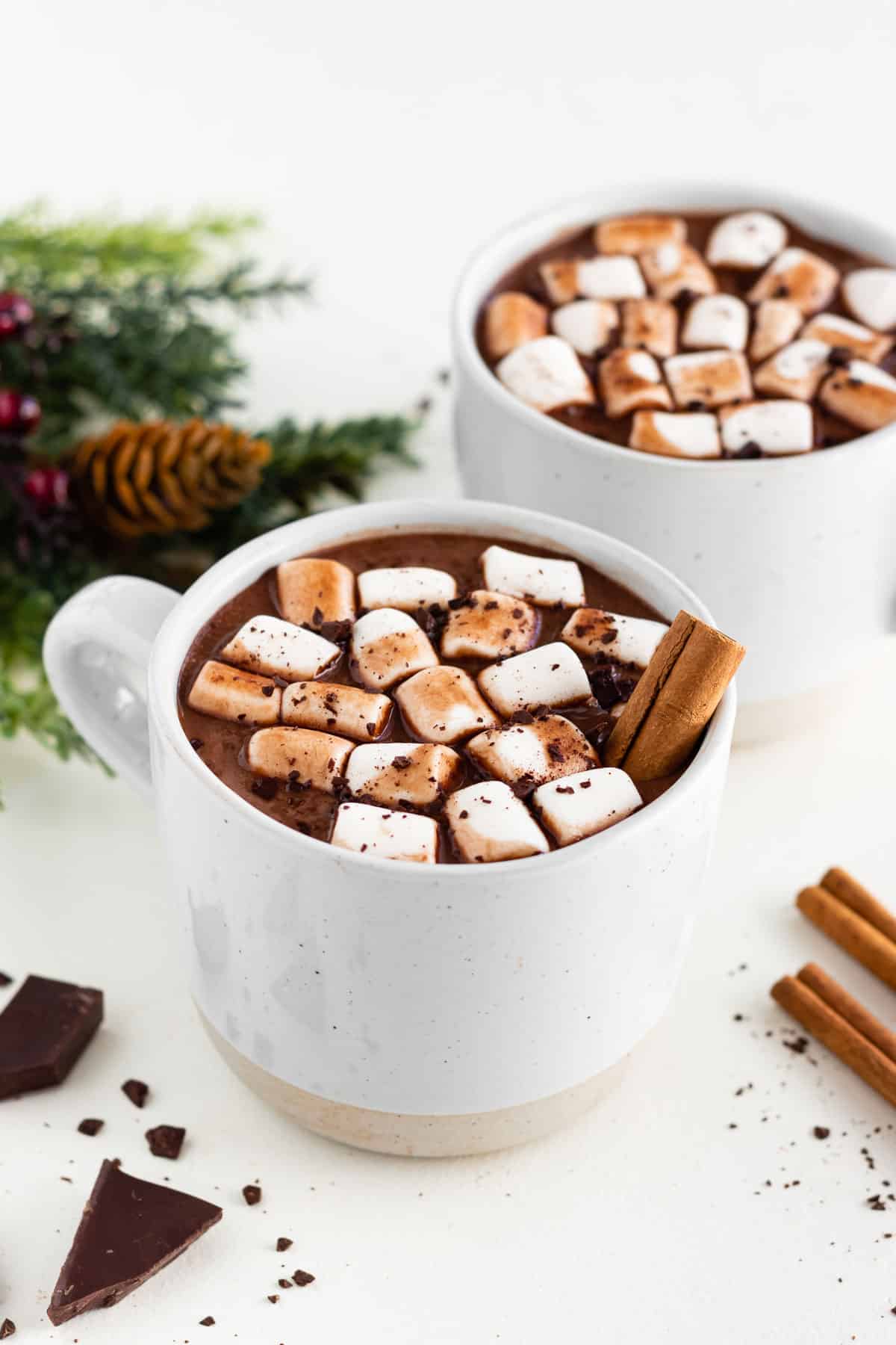 two ceramic mugs filled with vegan hot chocolate, mini marshmallows, and cinnamon