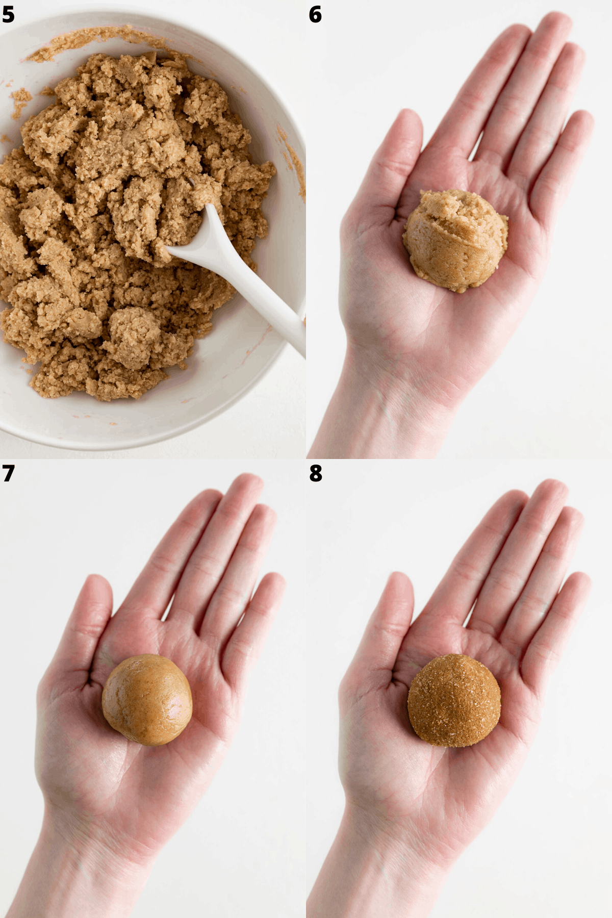 a four part photo collage of cookie dough inside a bowl and a hand rolling a scoop of the cookie dough into a ball