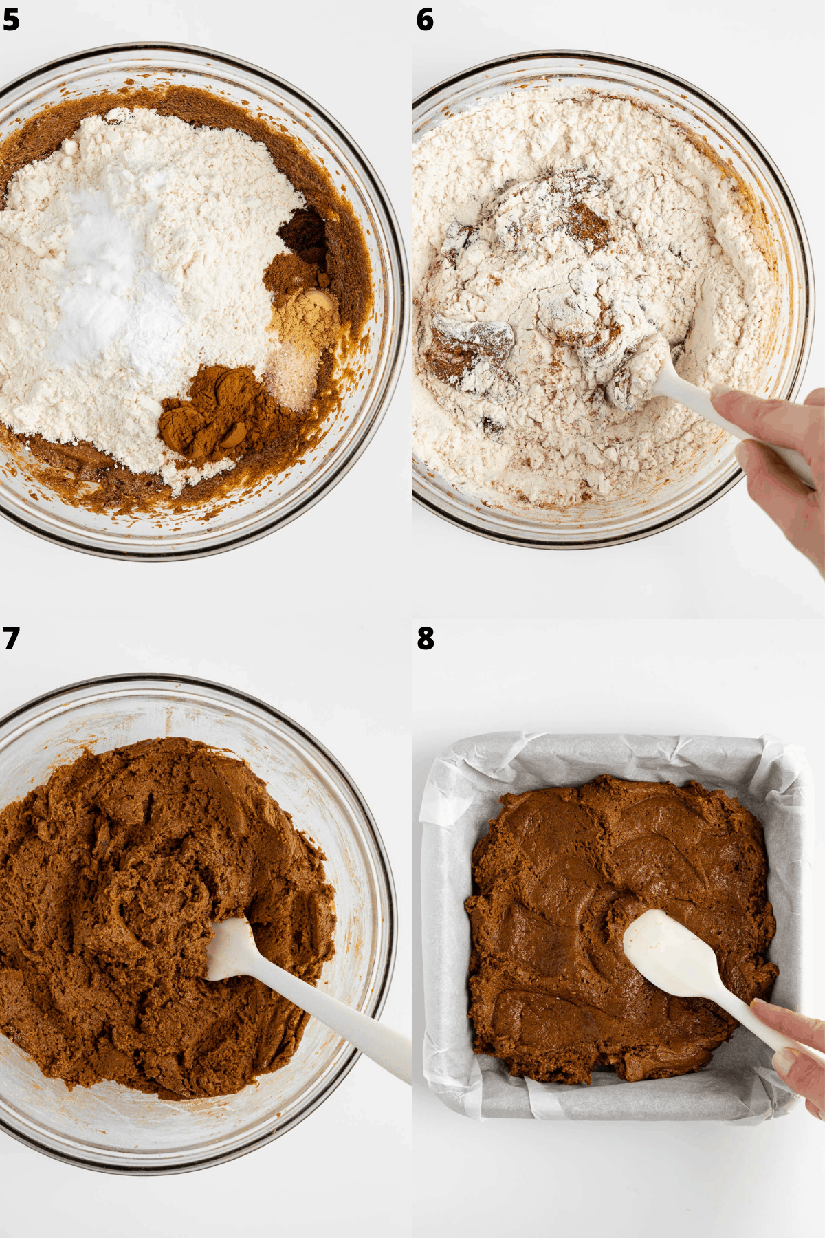 combining vegan gingerbread cookie dough in a glass bowl, then pressing it into a baking dish