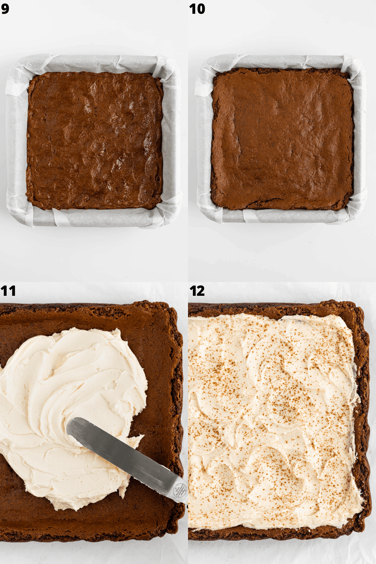 spreading vanilla frosting on top of baked vegan gingerbread blondies