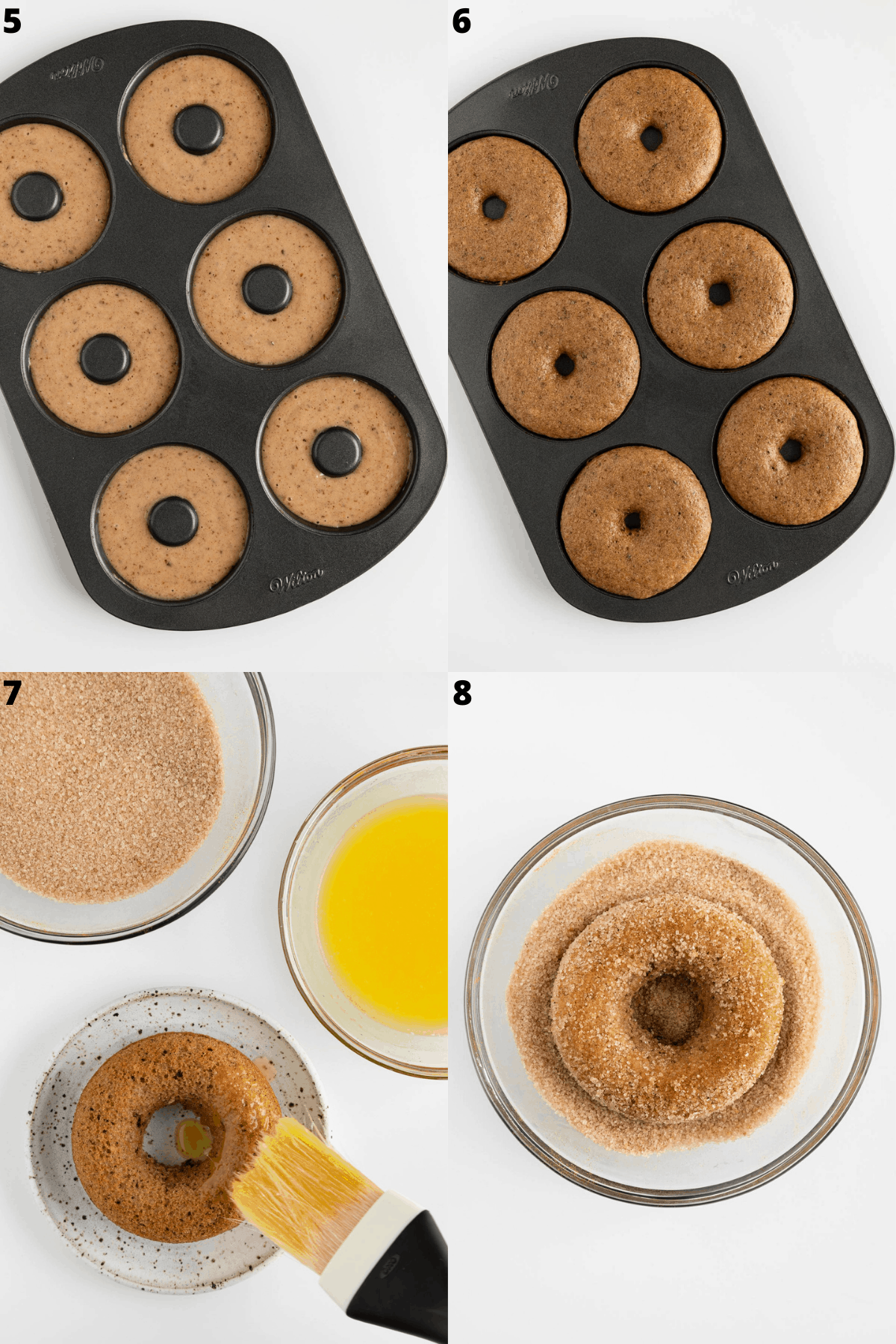 batter inside a donut pan and a pastry brush coating donuts with melted vegan butter