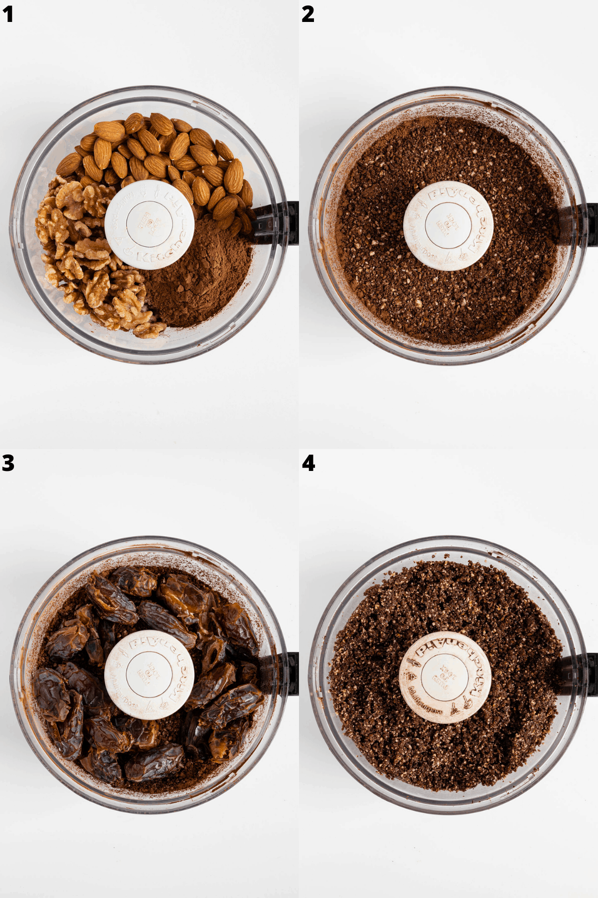 a 4-part collage showing dates, walnuts, almonds, cocoa powder, and medjool dates being combined in a food processor