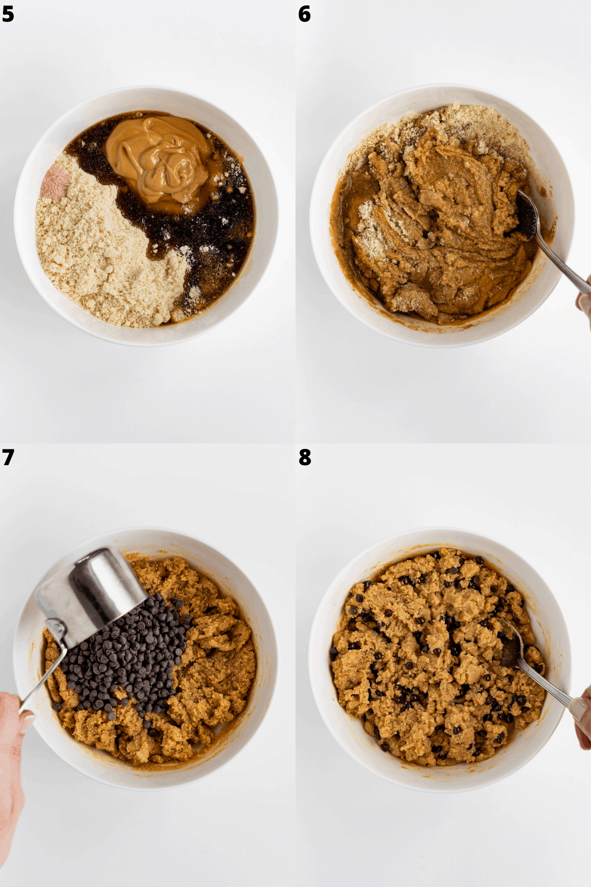 a 4-part collage mixing almond flour, nut butter, maple syrup, and chocolate chips inside a white bowl