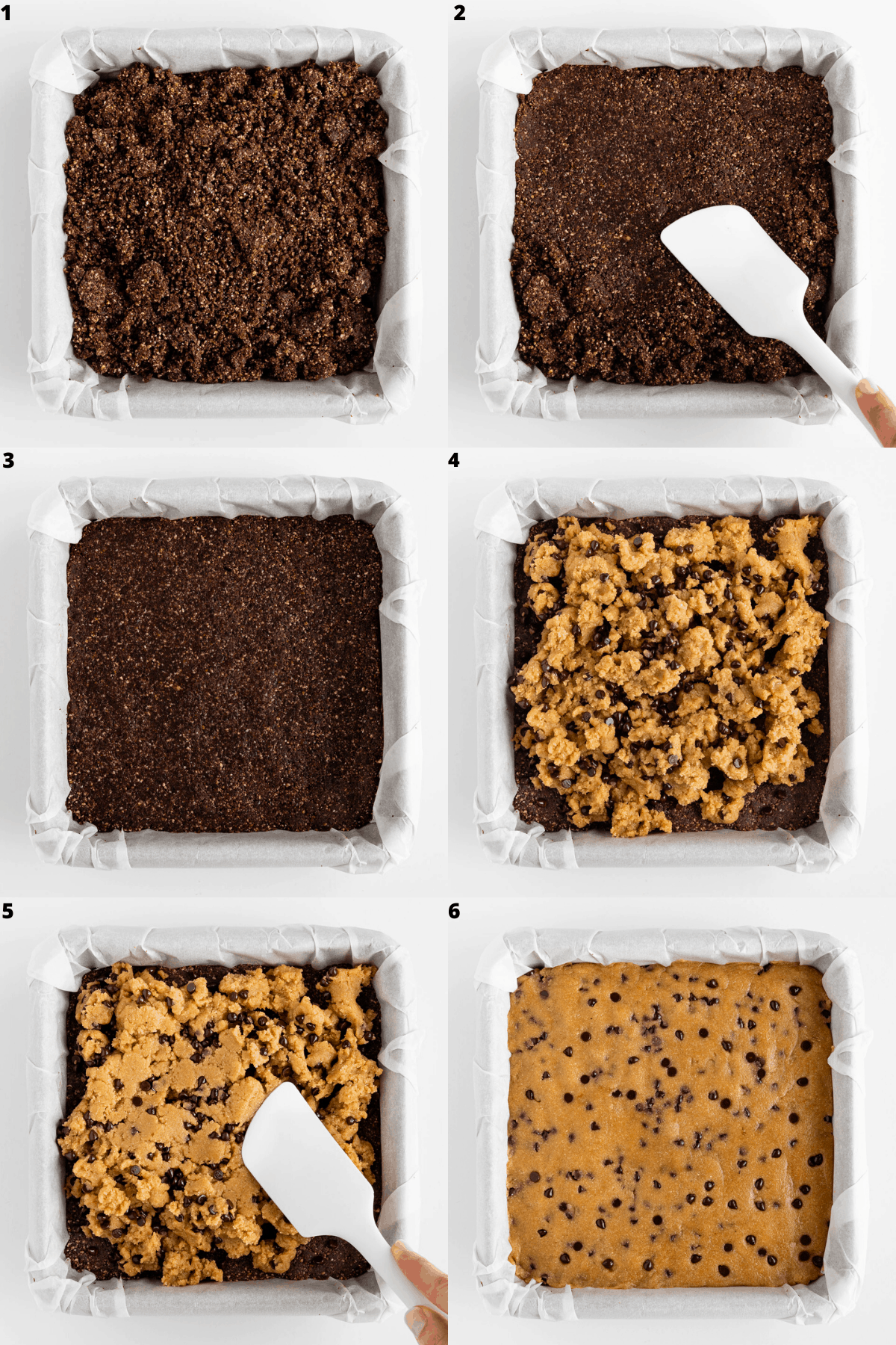 a 6-part collage pressing brownie batter into a baking dish and topping it with cookie dough