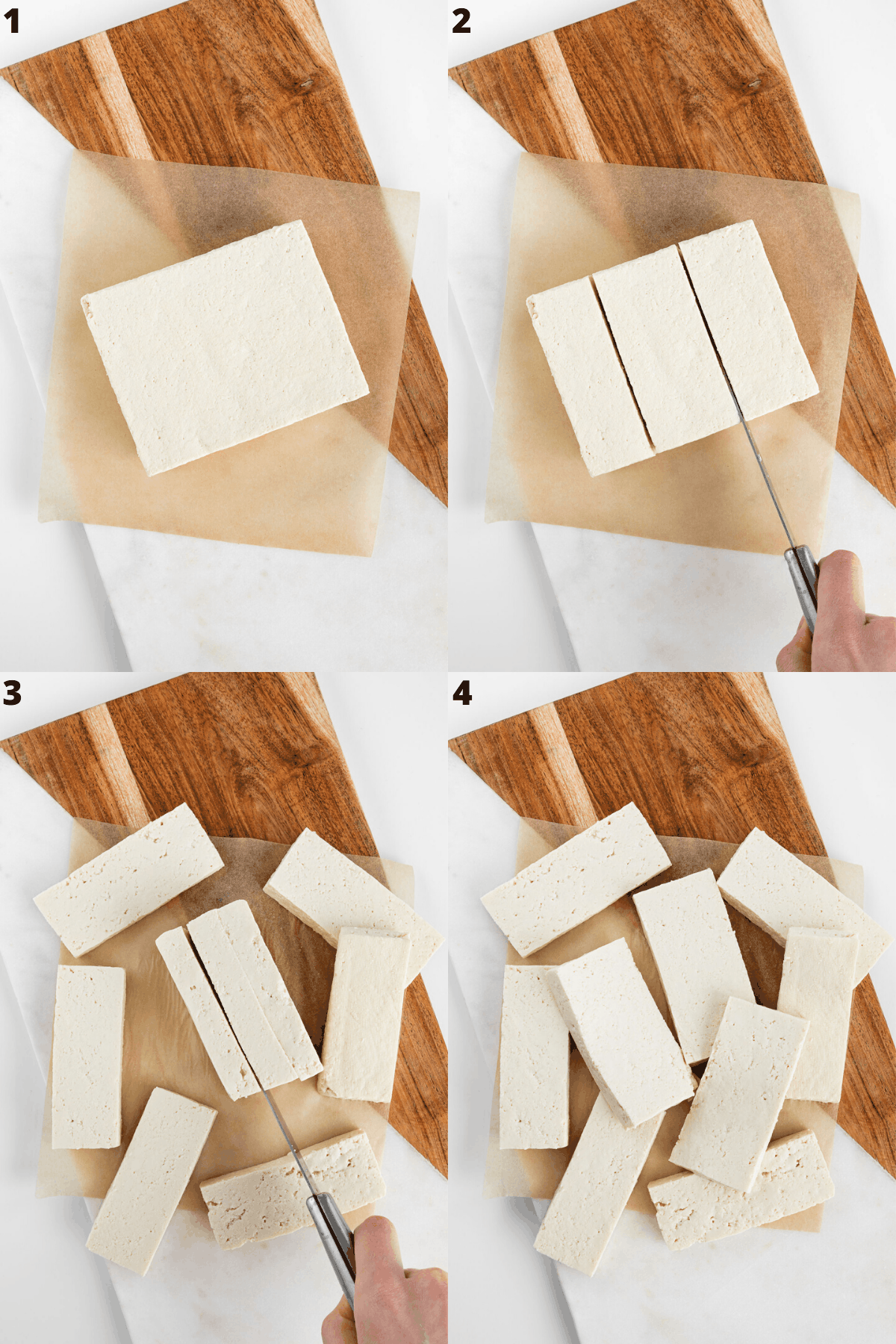 a four part photo collage slicing a block of tofu into strips