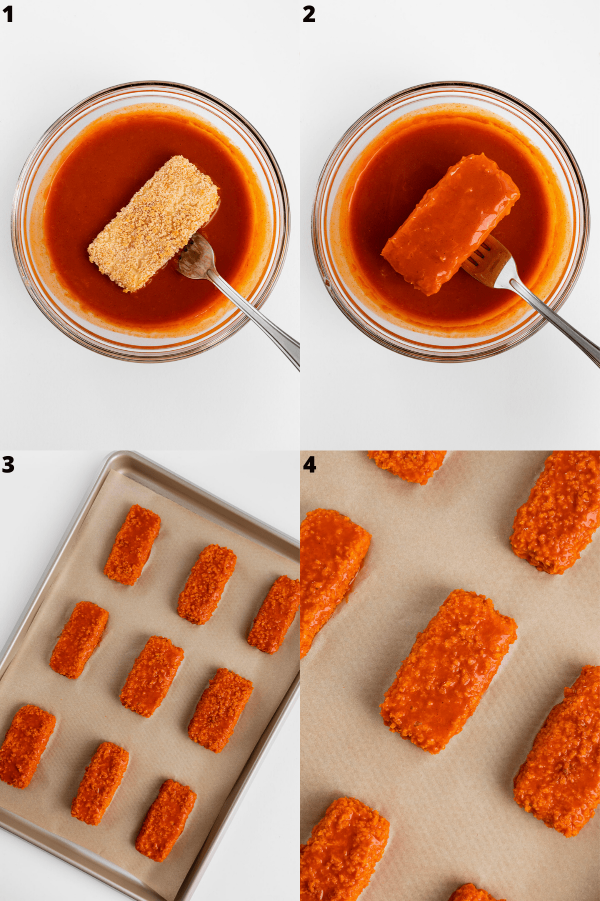 a four part photo collage dipping breaded tofu in buffalo sauce, then placing it onto a baking sheet
