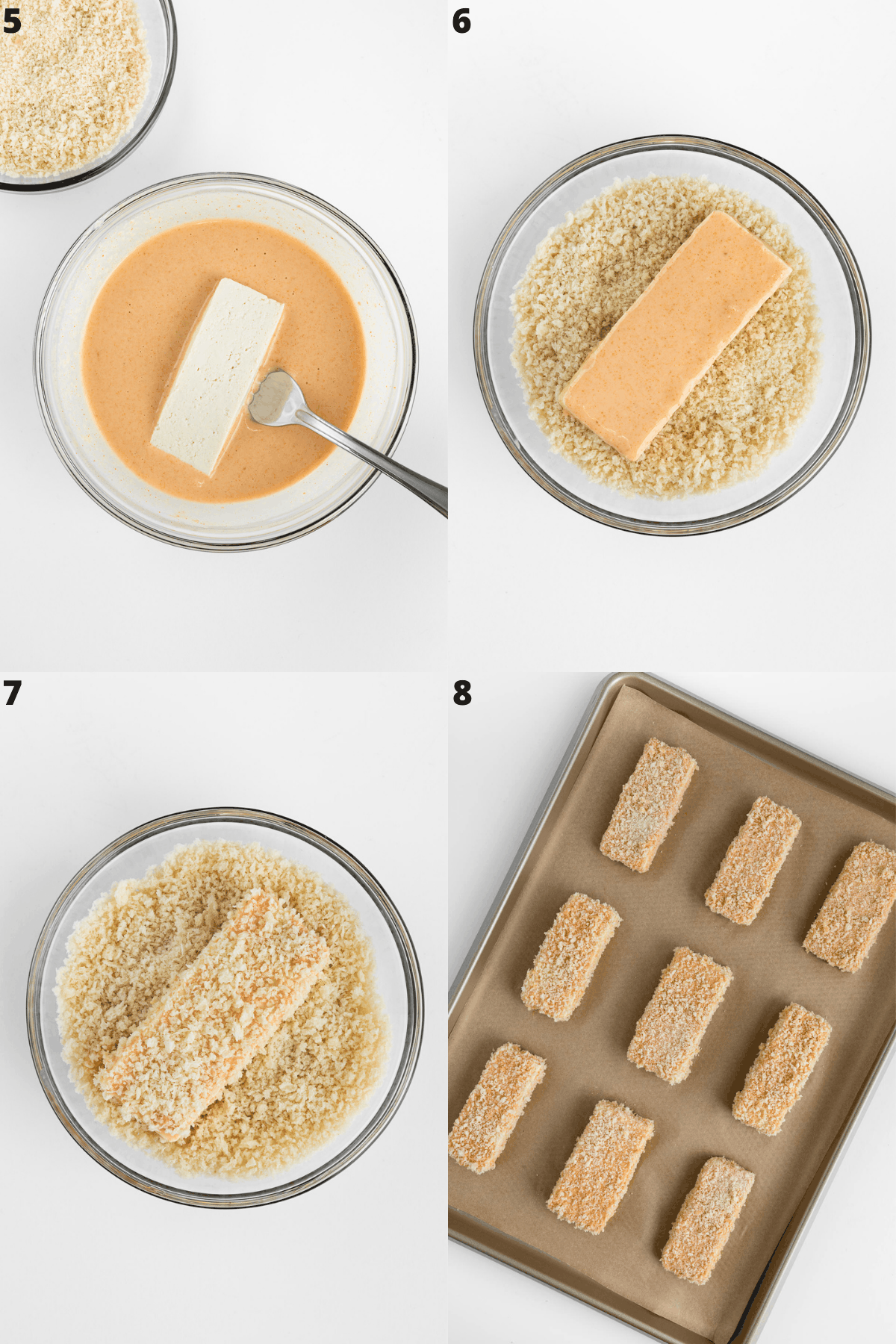 a four part photo collage dipping a slice of tofu in batter, a bowl of breadcrumbs, then placing them on a baking sheet