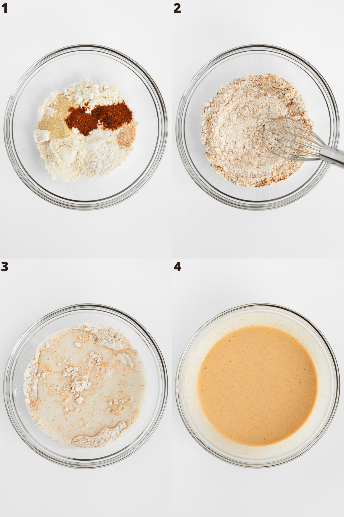 a four part photo collage mixing flour, spices, and plant-based milk in a glass bowl