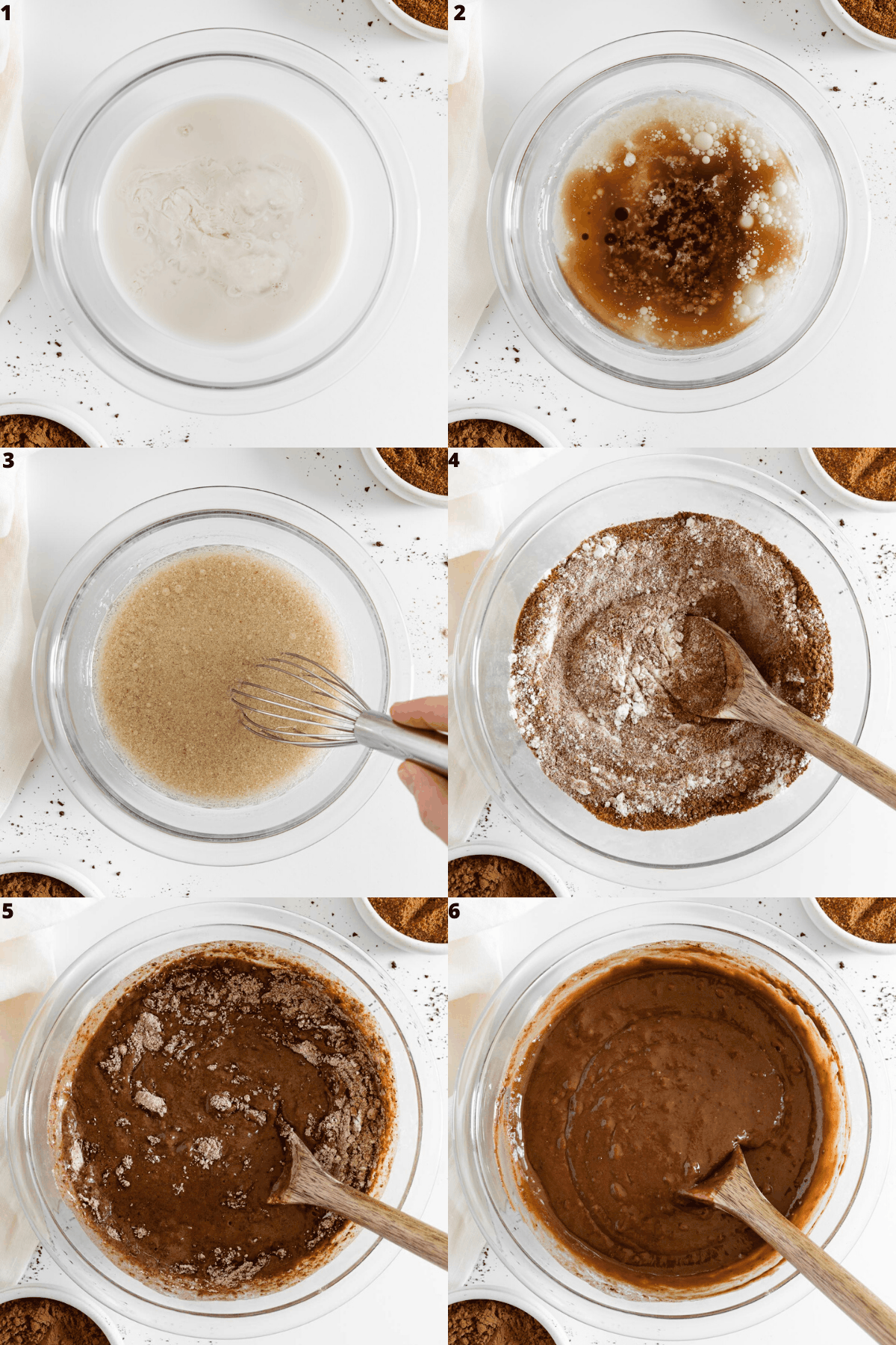 a six part photo collage mixing ingredients together for vegan chocolate cupcake batter in a large glass bowl