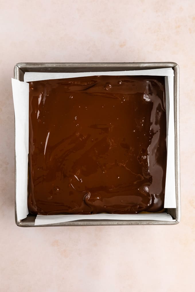 melted chocolate spread across a square baking dish