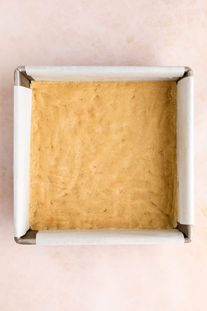 no-bake shortbread crust pressed across the base of a square baking dish