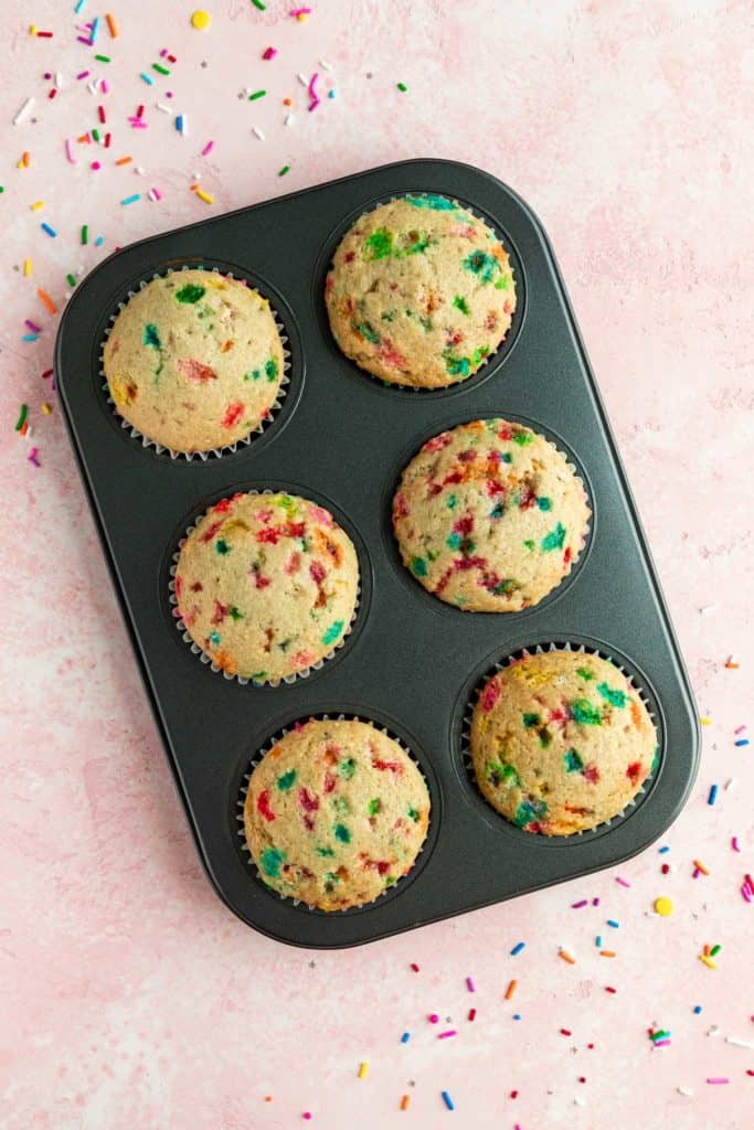 vegan funfetti cupcakes in a 6 slot cupcake tin