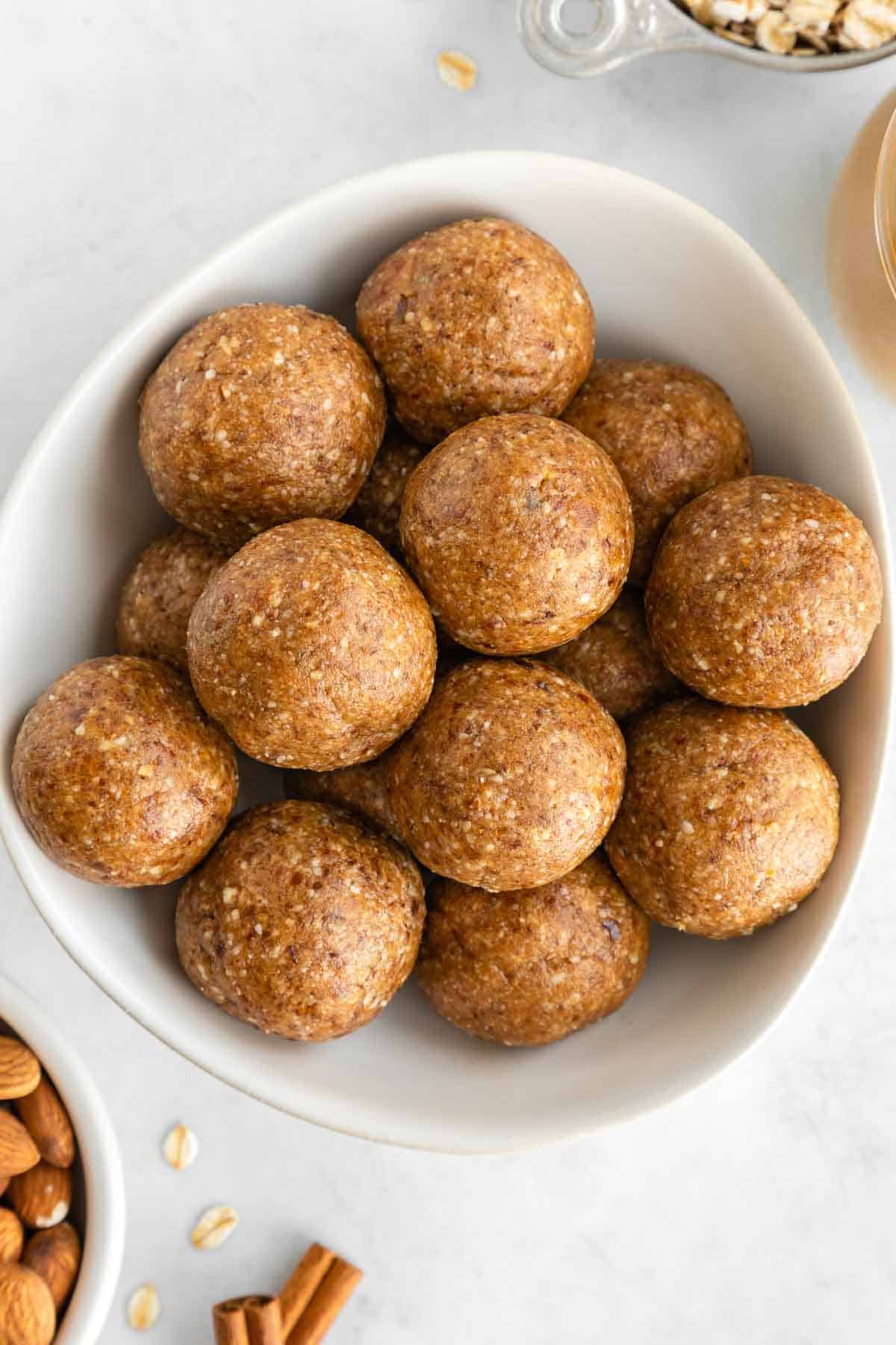 almond butter energy balls in a bowl