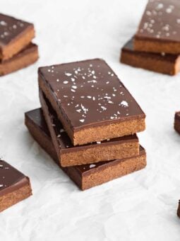 a stack of homemade vegan chocolate protein bars
