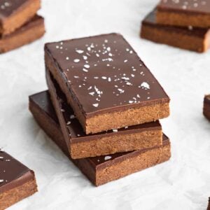 a stack of homemade vegan chocolate protein bars