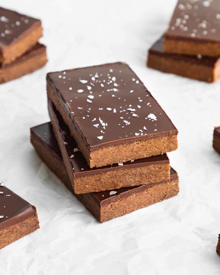 a stack of homemade vegan chocolate protein bars