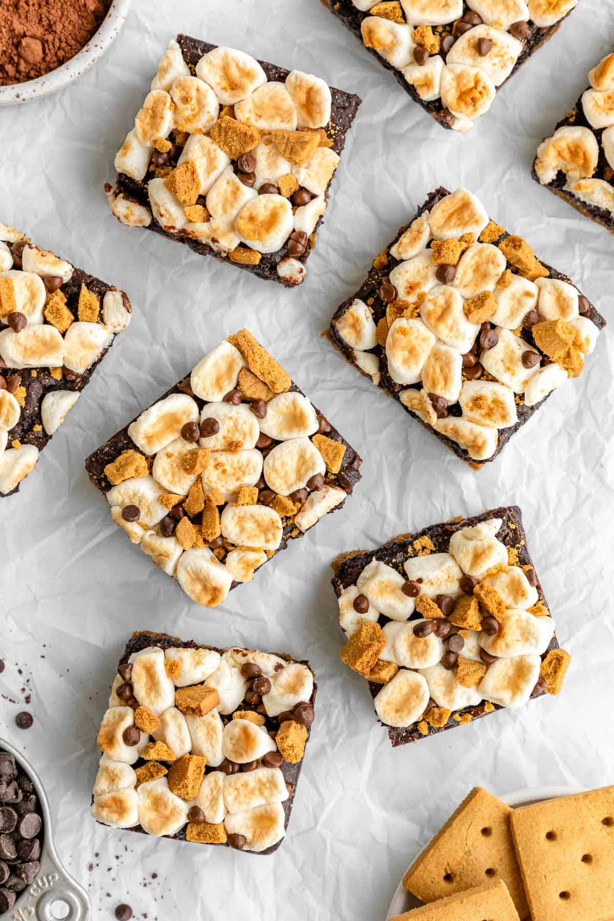 vegan s'mores brownies on white parchment paper