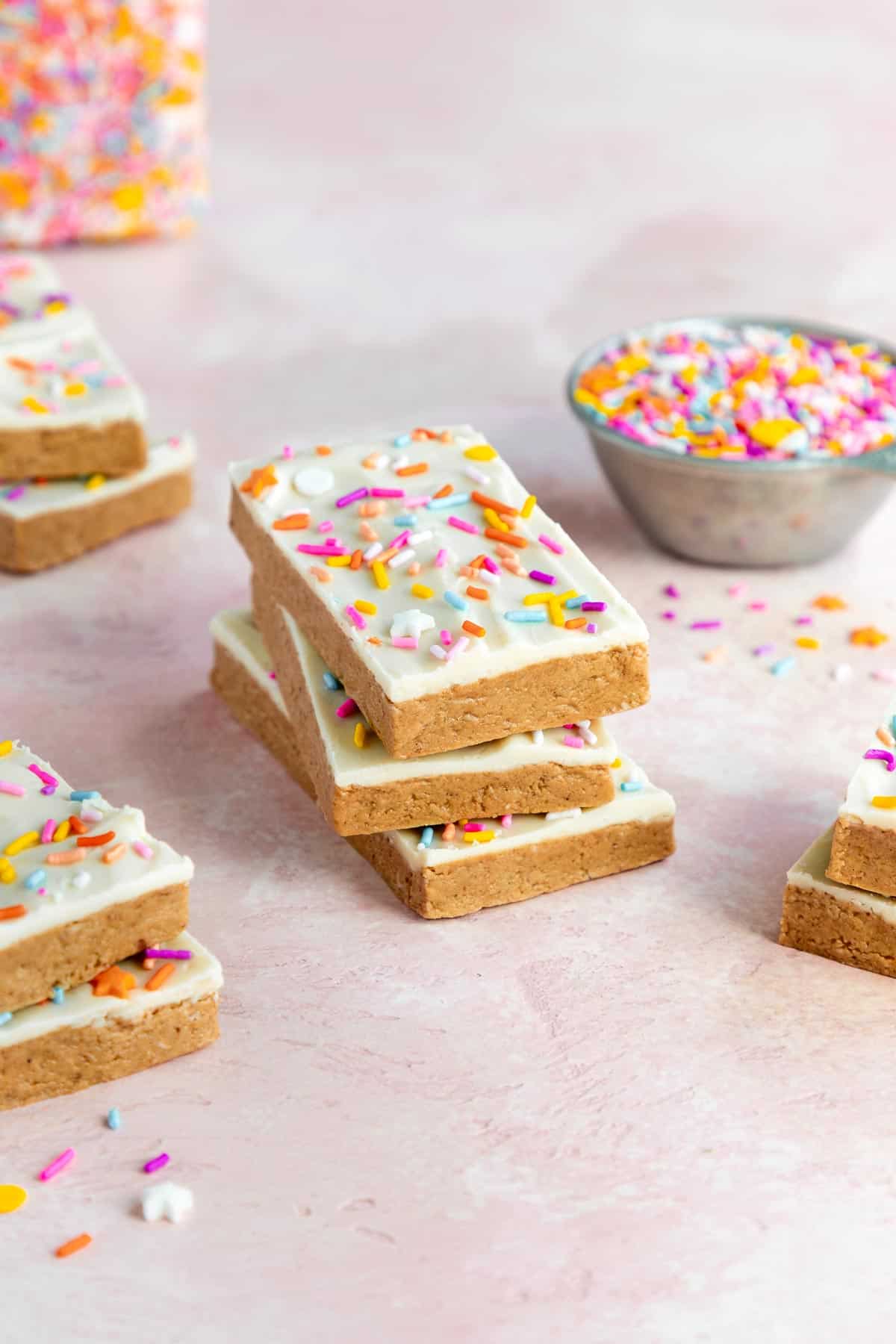 vegan birthday cake protein bars with sprinkles stacked