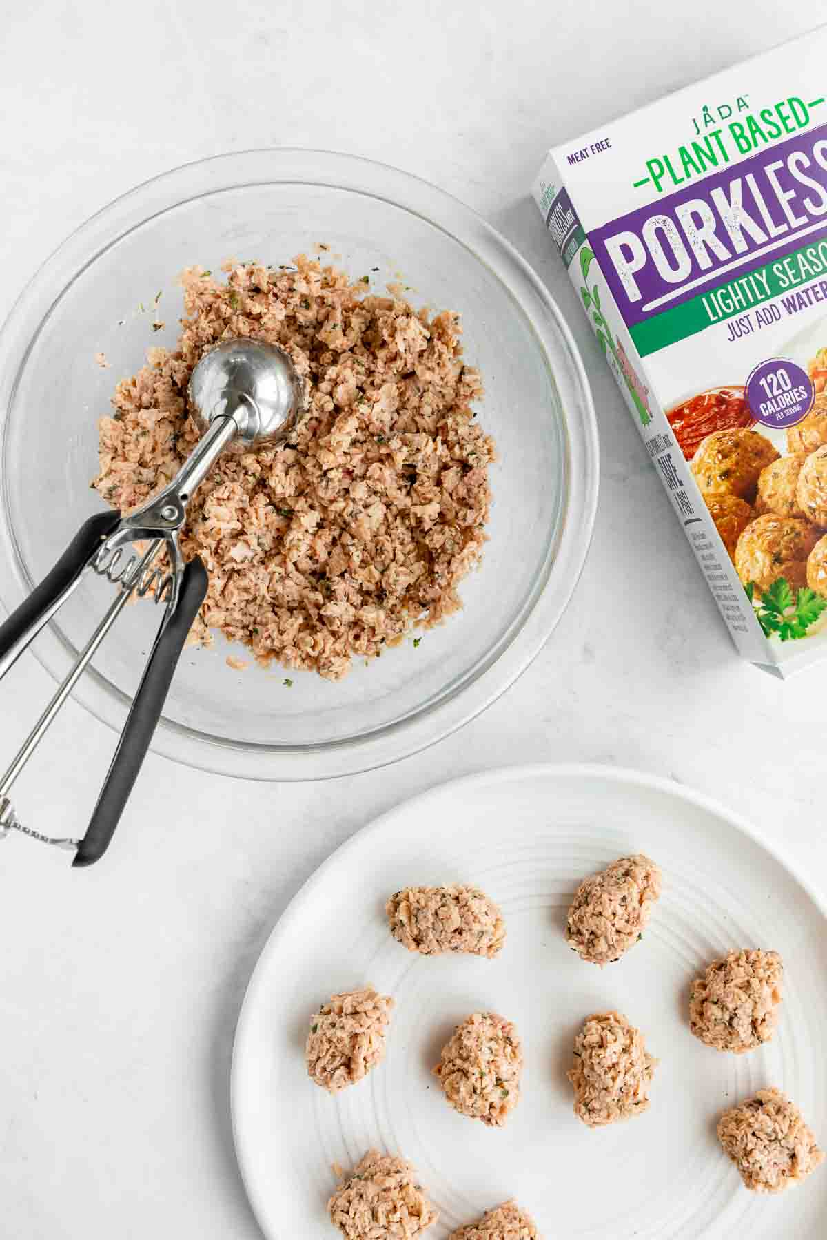 shaping jada brands porkless mix with a cookie scoop