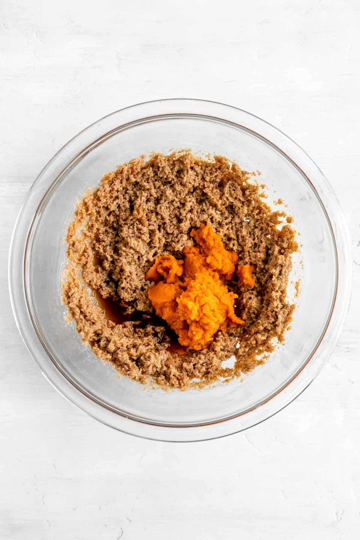 pumpkin puree, brown sugar, white sugar, and vegan butter in a glass bowl