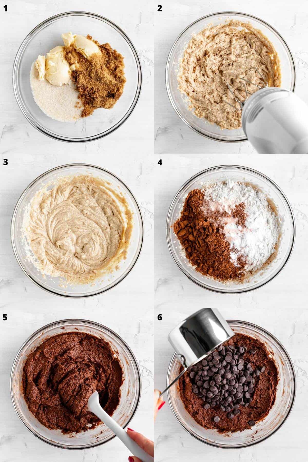 a photo collage of the steps for baking vegan chocolate peppermint cookie dough in a glass pyrex bowl