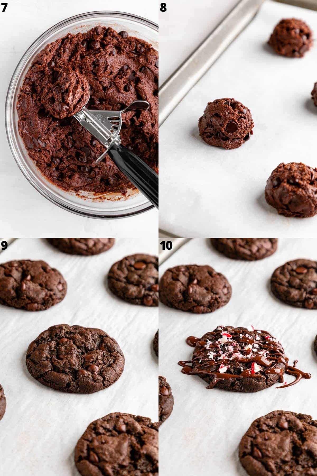 a photo collage of the steps for baking vegan chocolate peppermint cookies