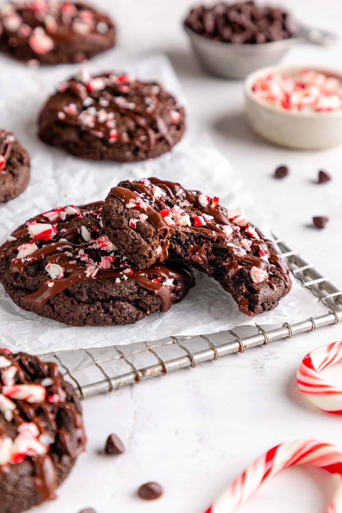 vegan chocolate peppermint cookies with a bite taken out of the middle