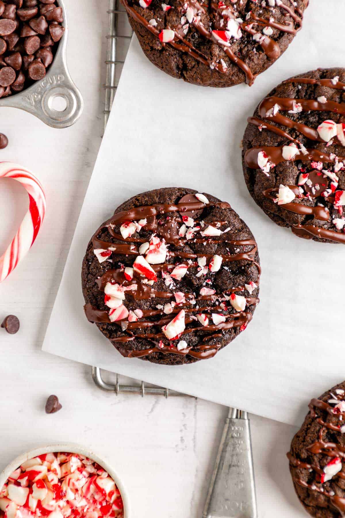 vegan chocolate peppermint cookies with crushed candy canes