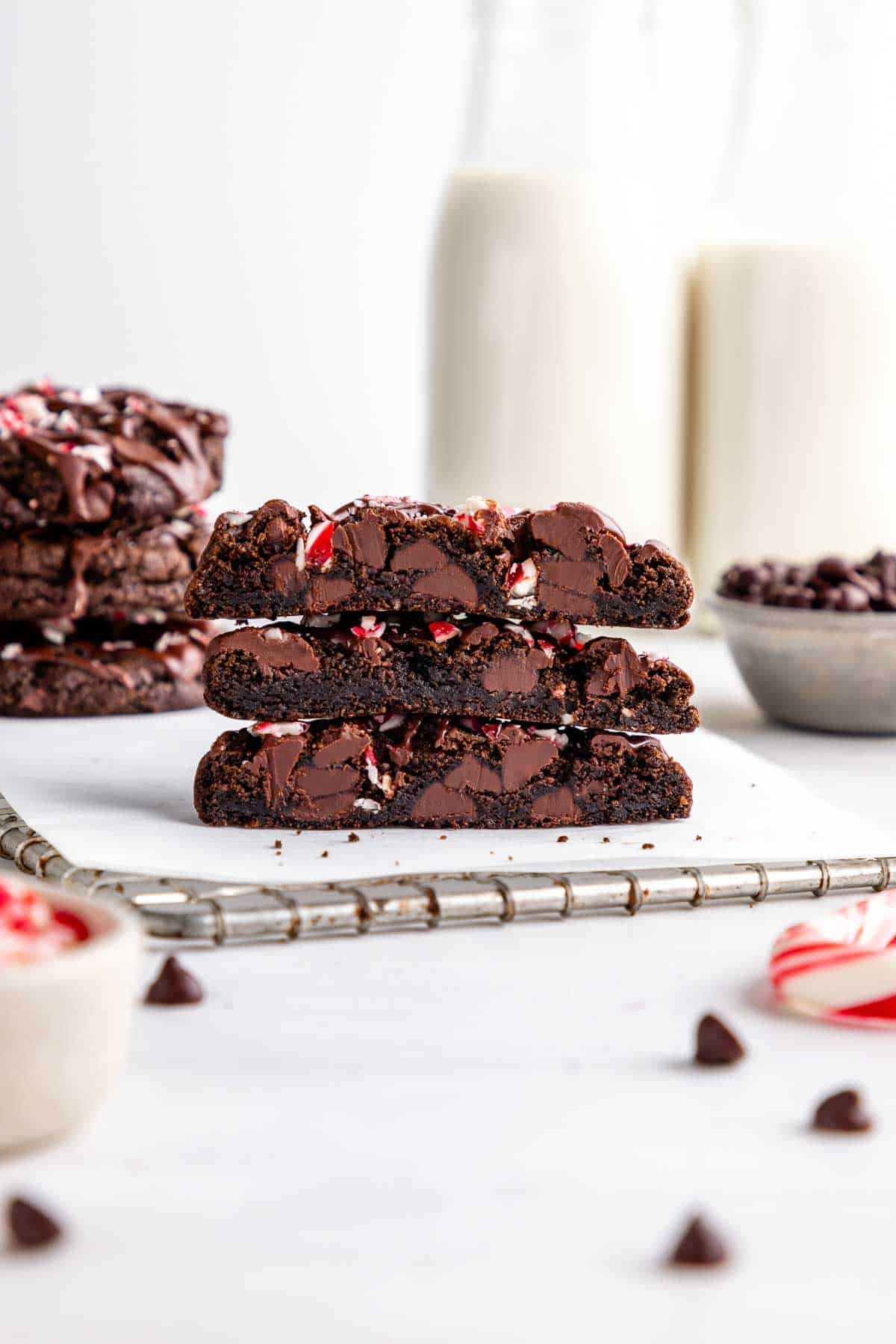 vegan chocolate peppermint cookies stacked and sliced in half