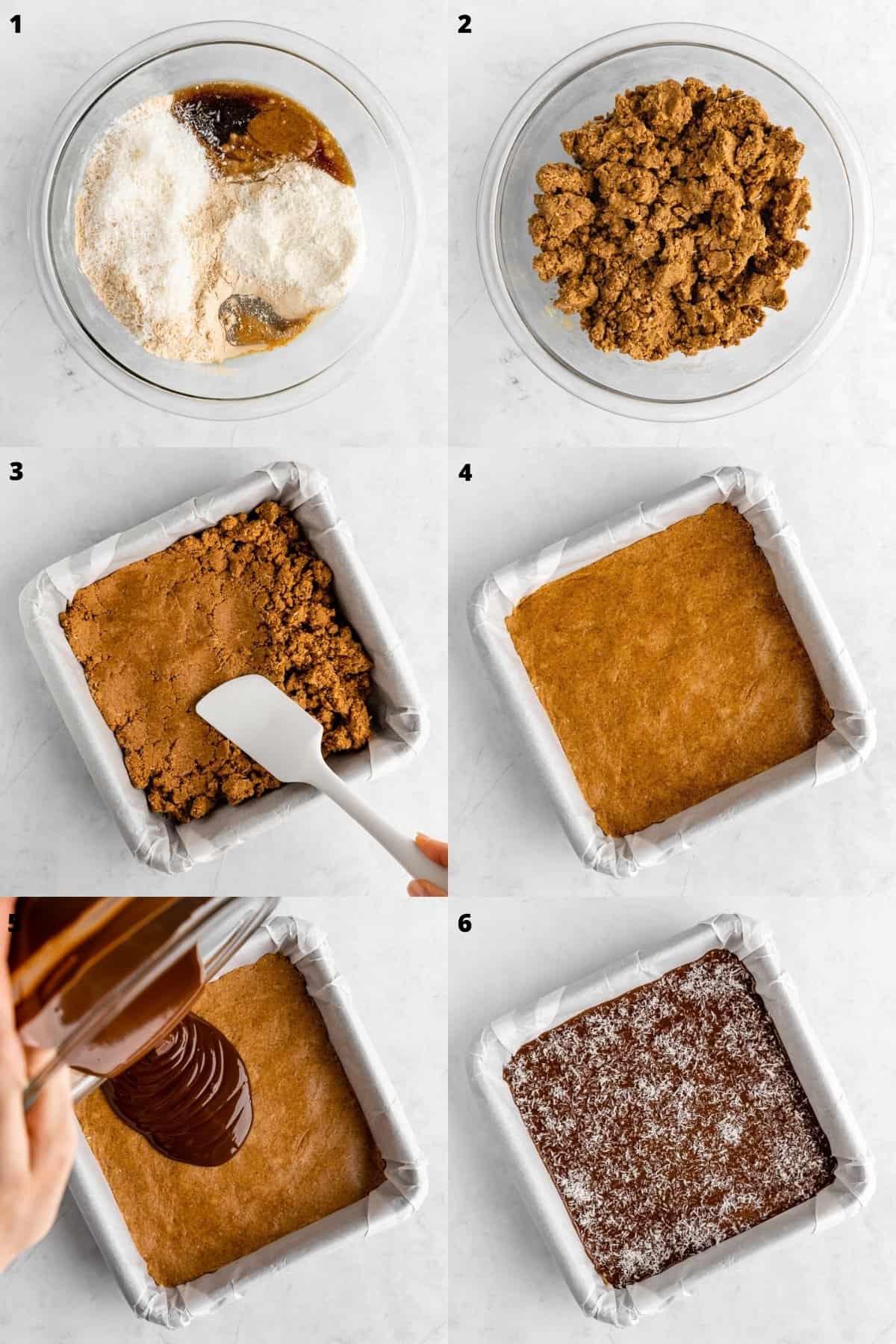 a six part photo collage preparing homemade coconut protein bars 