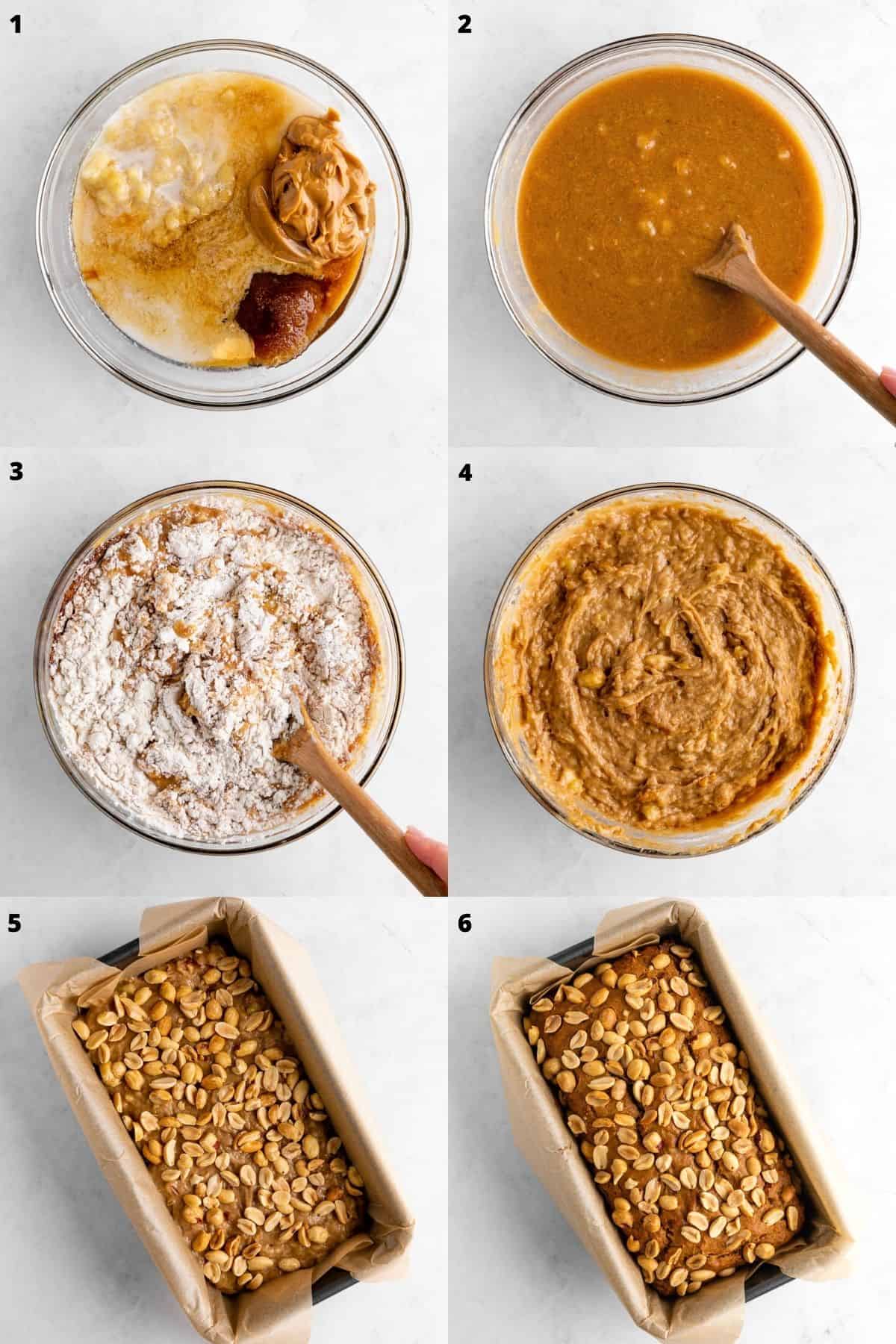 a photo collage mixing vegan peanut butter banana bread in a bowl and baking in a loaf pan