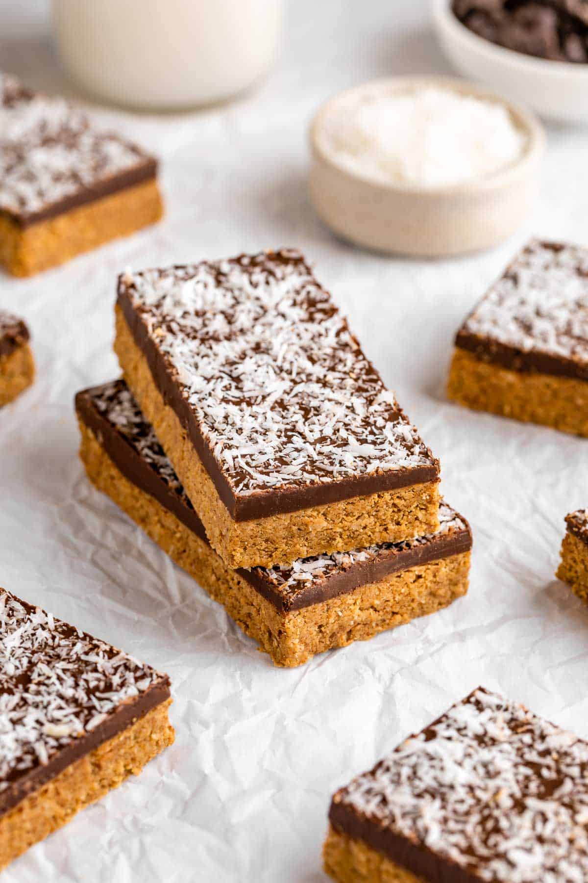 a stack of two no-bake coconut protein bars