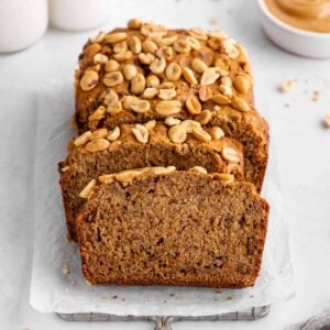 a sliced loaf of vegan peanut butter banana bread