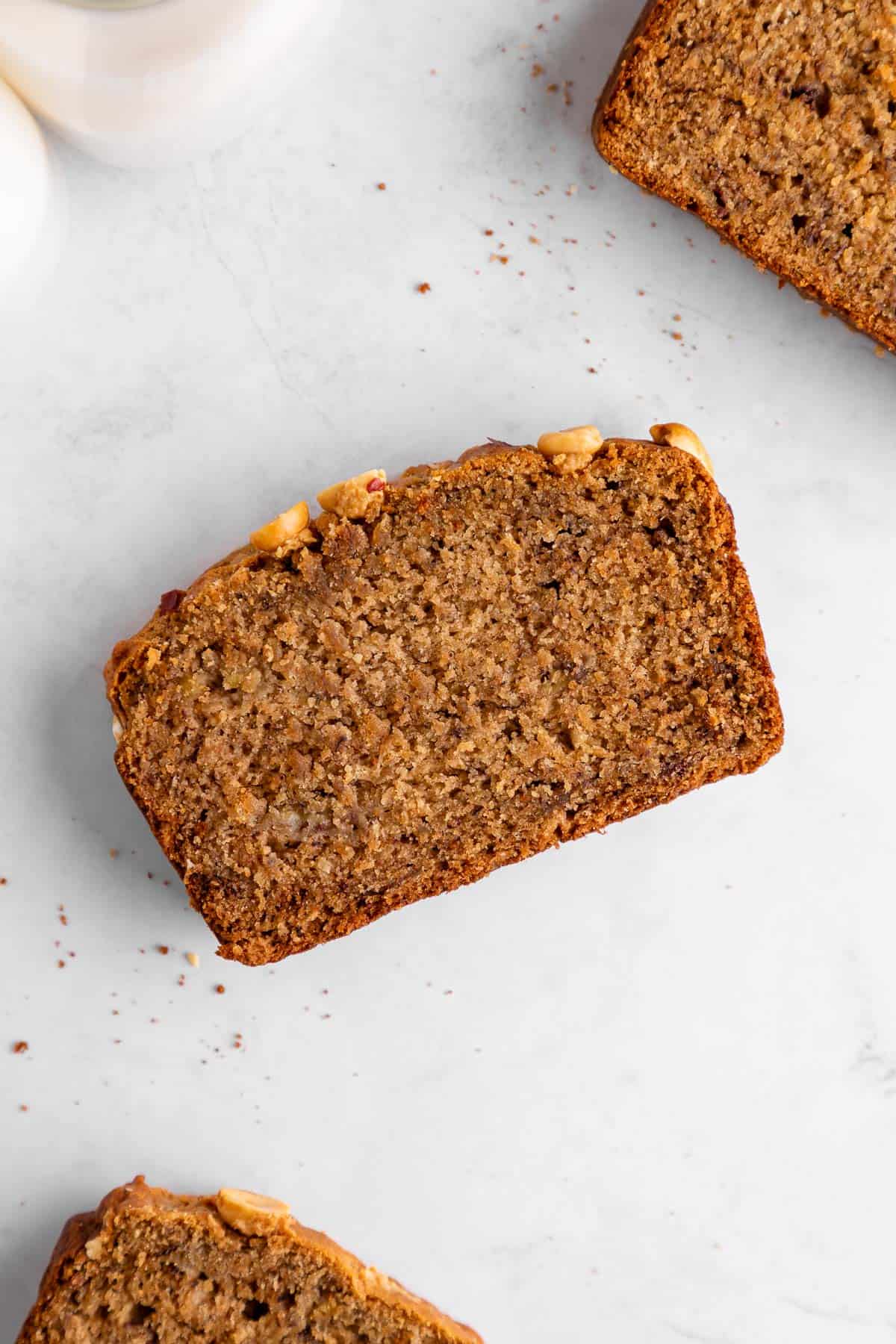 a slice of vegan peanut butter banana bread