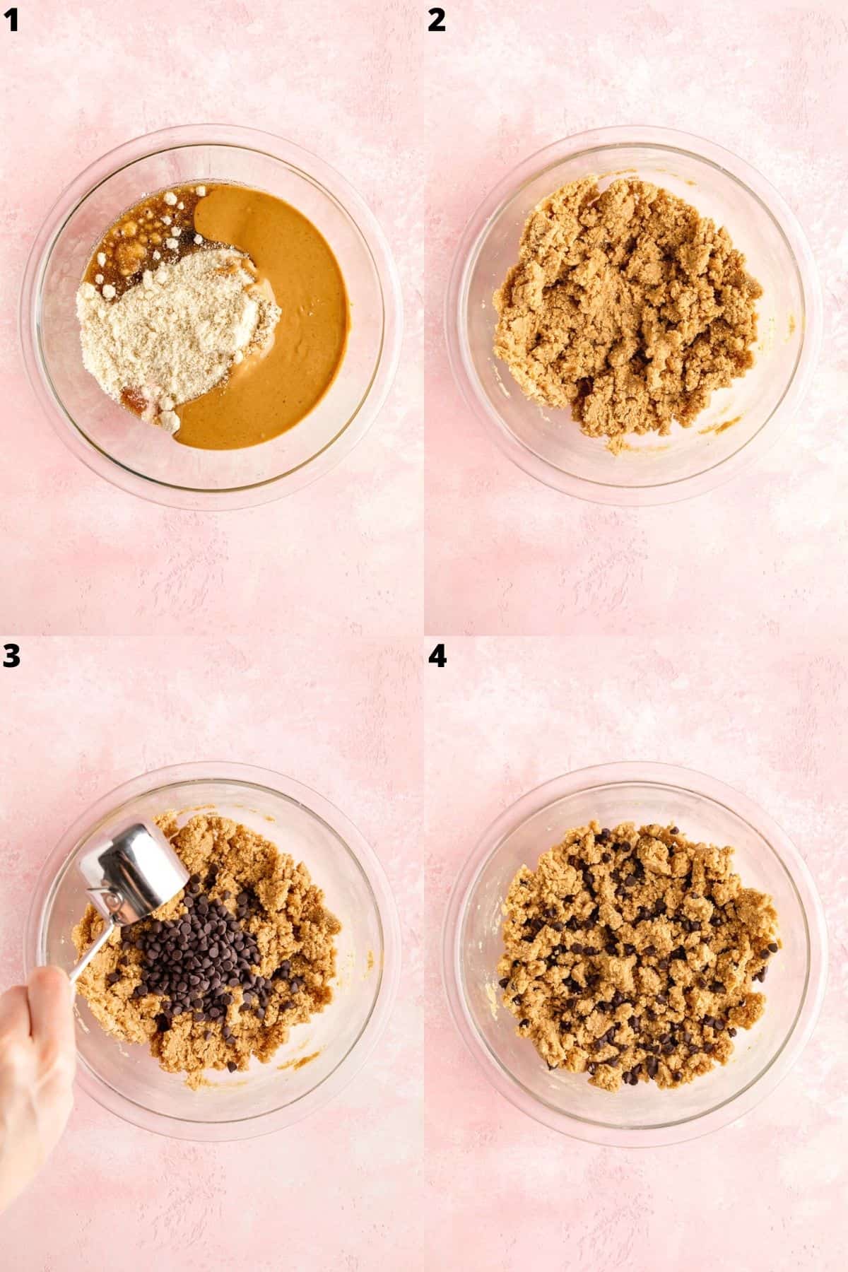 a collage of preparing healthy vegan chocolate chip cookie dough
