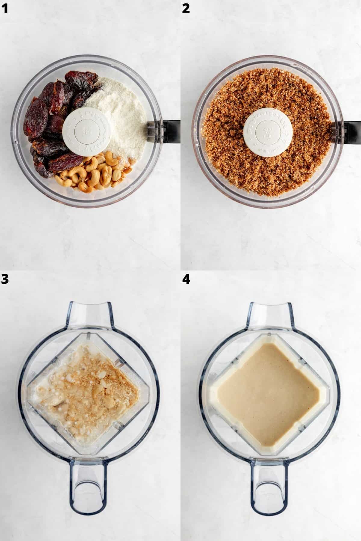 a photo collage preparing no-bake cheesecake crust and vegan cheesecake filling