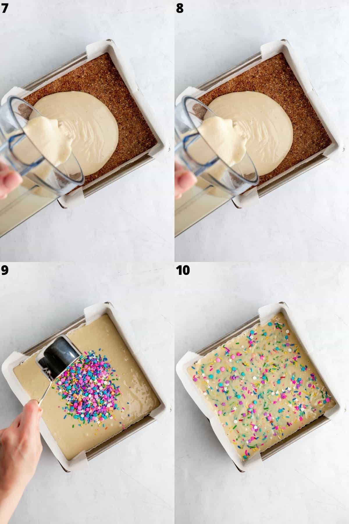 a photo collage pouring funfetti cheesecake filling over no-bake crust