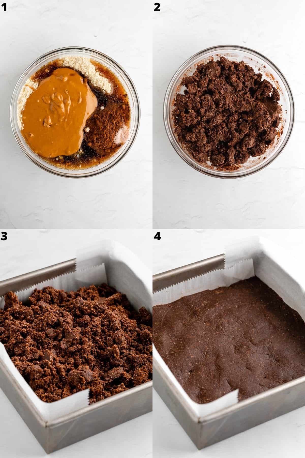 mixing no-bake brownies dough and pressing it into a baking dish