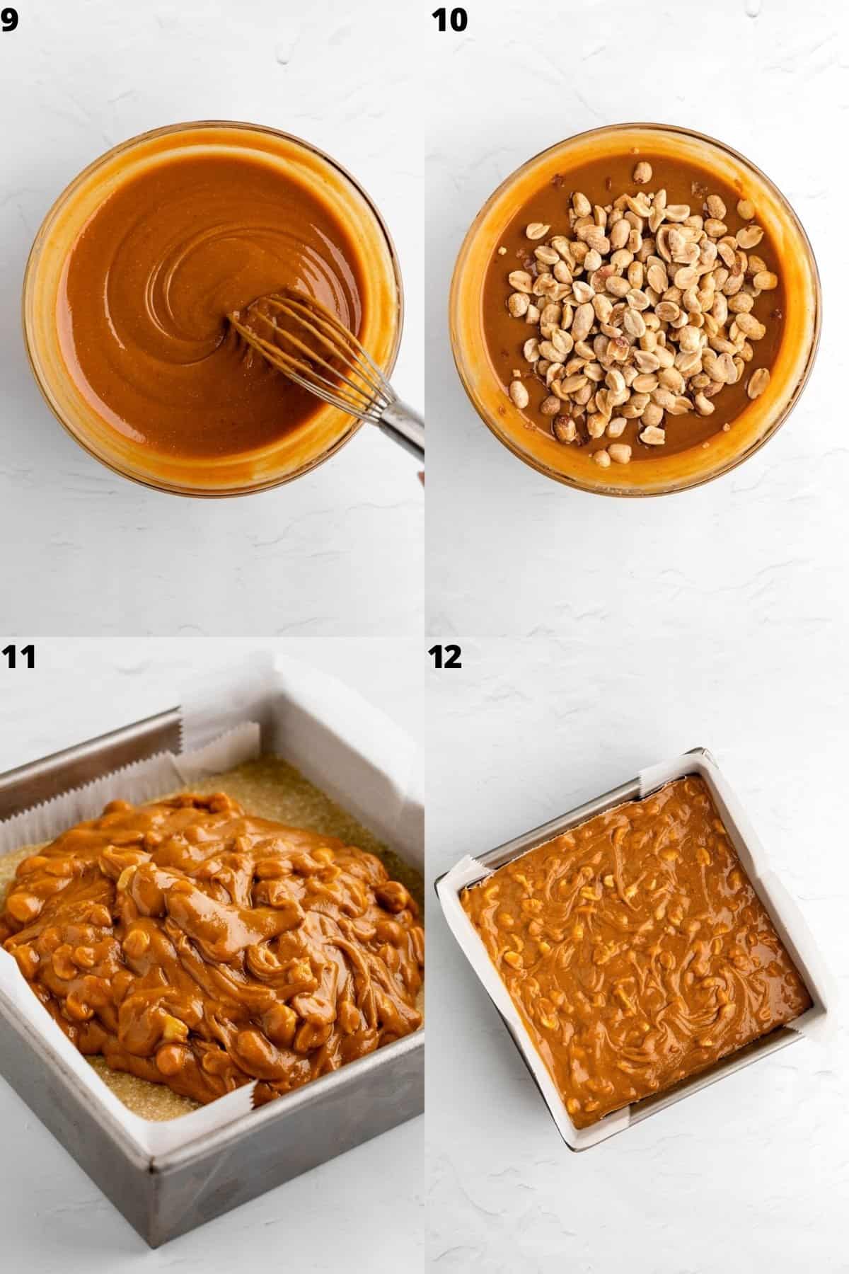 mixing healthy vegan caramel with peanuts, then pouring it over nougat in a baking dish