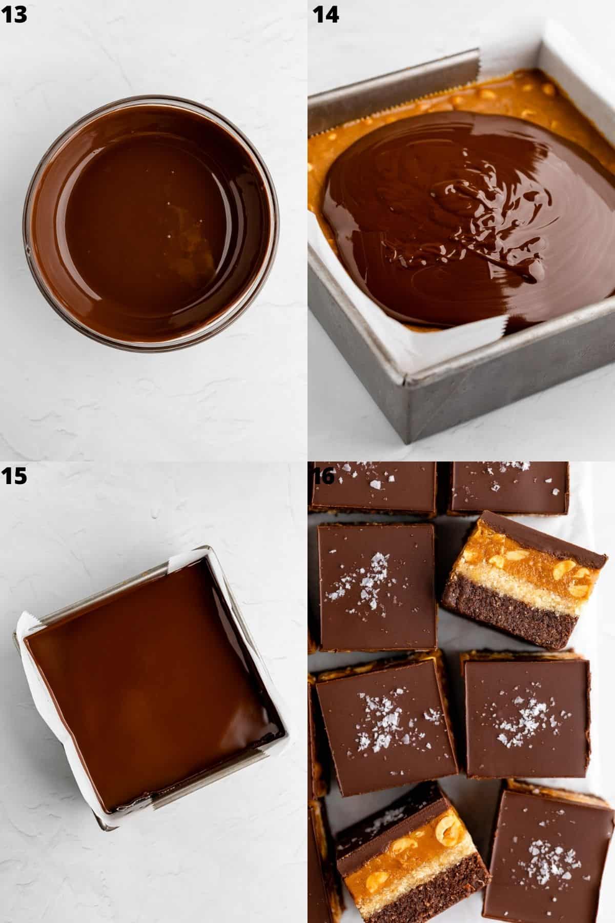 pouring melted chocolate over caramel nougat brownies in a baking dish