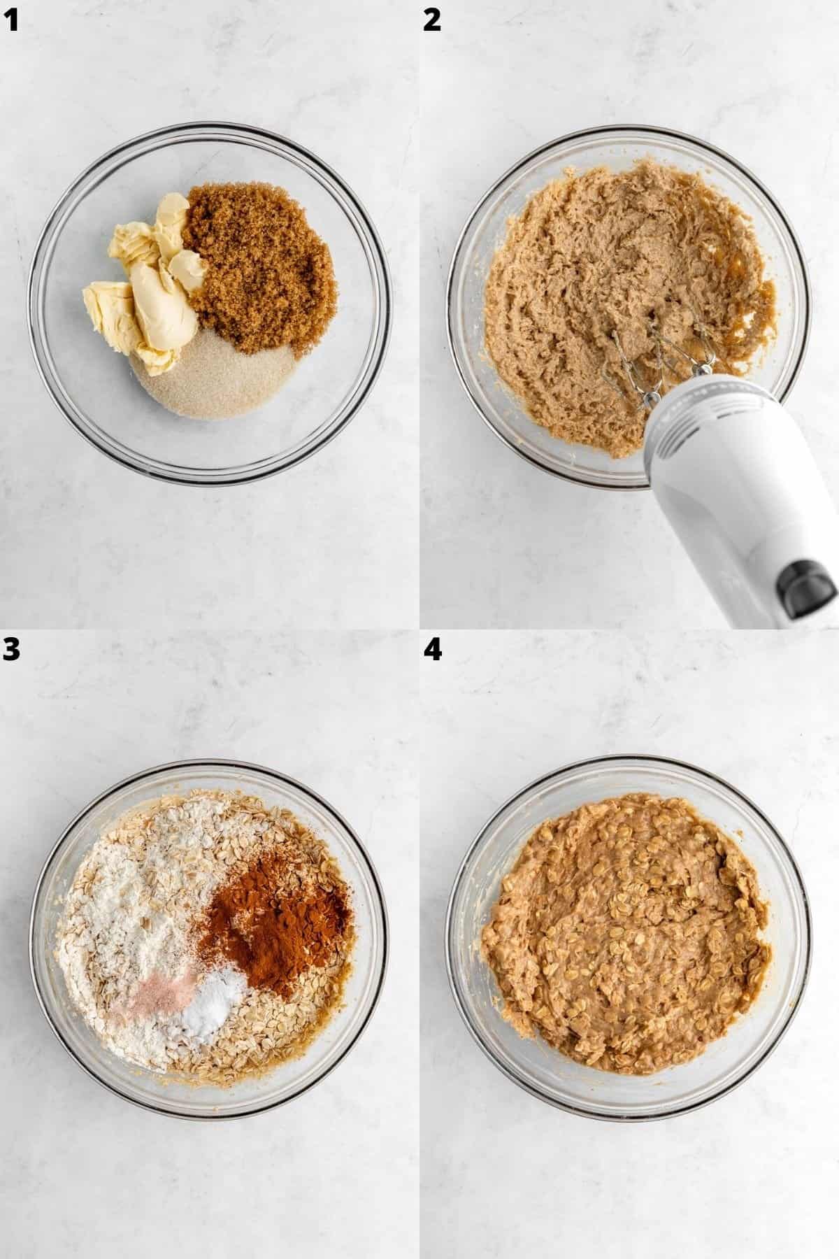 four part photo collage preparing vegan cowboy cookie dough