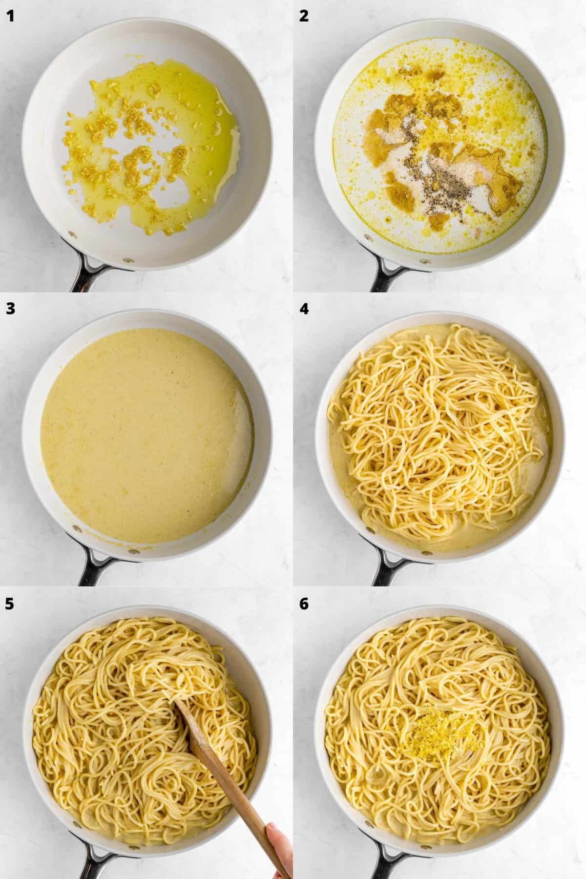 a six part photo collage cooking creamy vegan lemon pasta in a pot