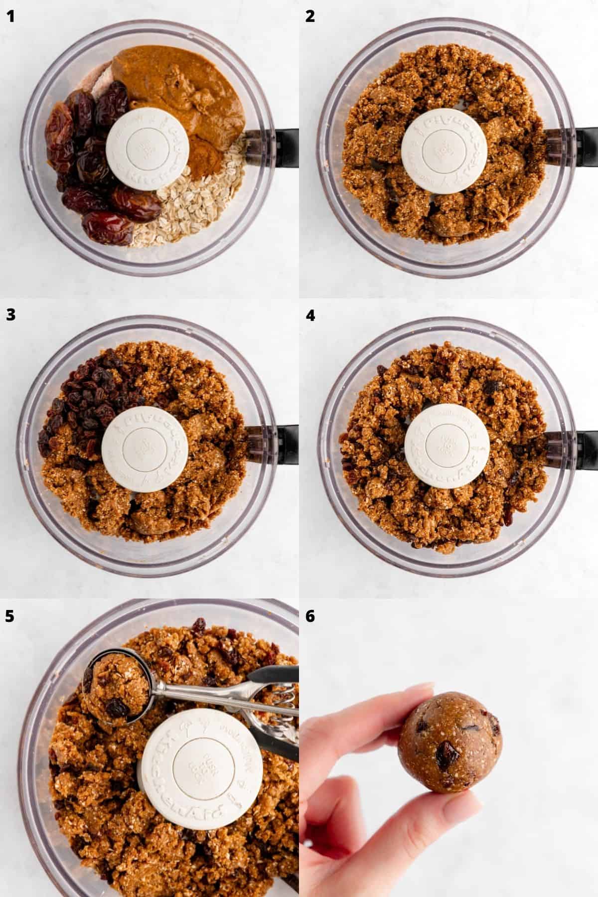 a six part photo collage making oatmeal raisin energy bites