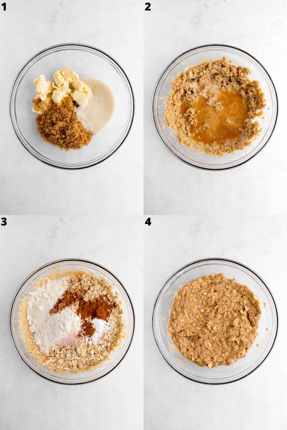 a four part photo collage on how to make vegan oatmeal chocolate chip cookie dough