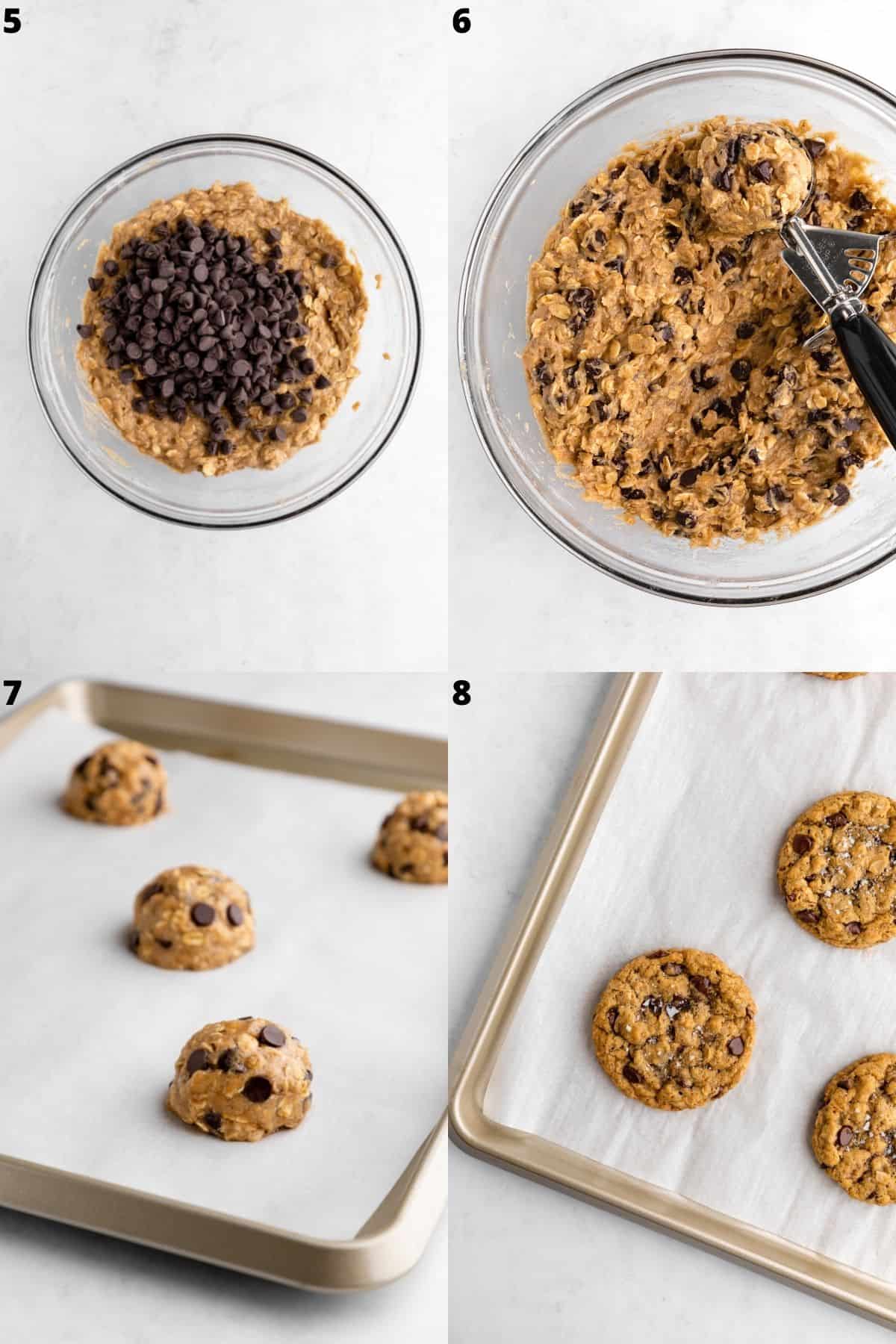 a four part photo collage making vegan oatmeal chocolate chip cookies