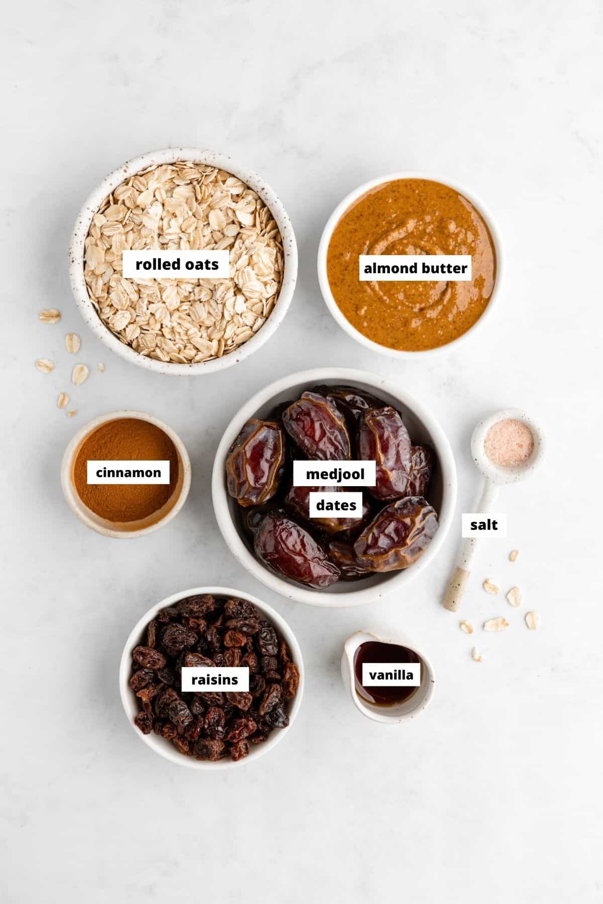small bowls with medjool dates, rolled oats, almond butter, raisins, cinnamon, and vanilla extract