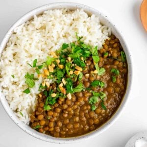 vegan slow cooker lentil curry with rice inside a bowl