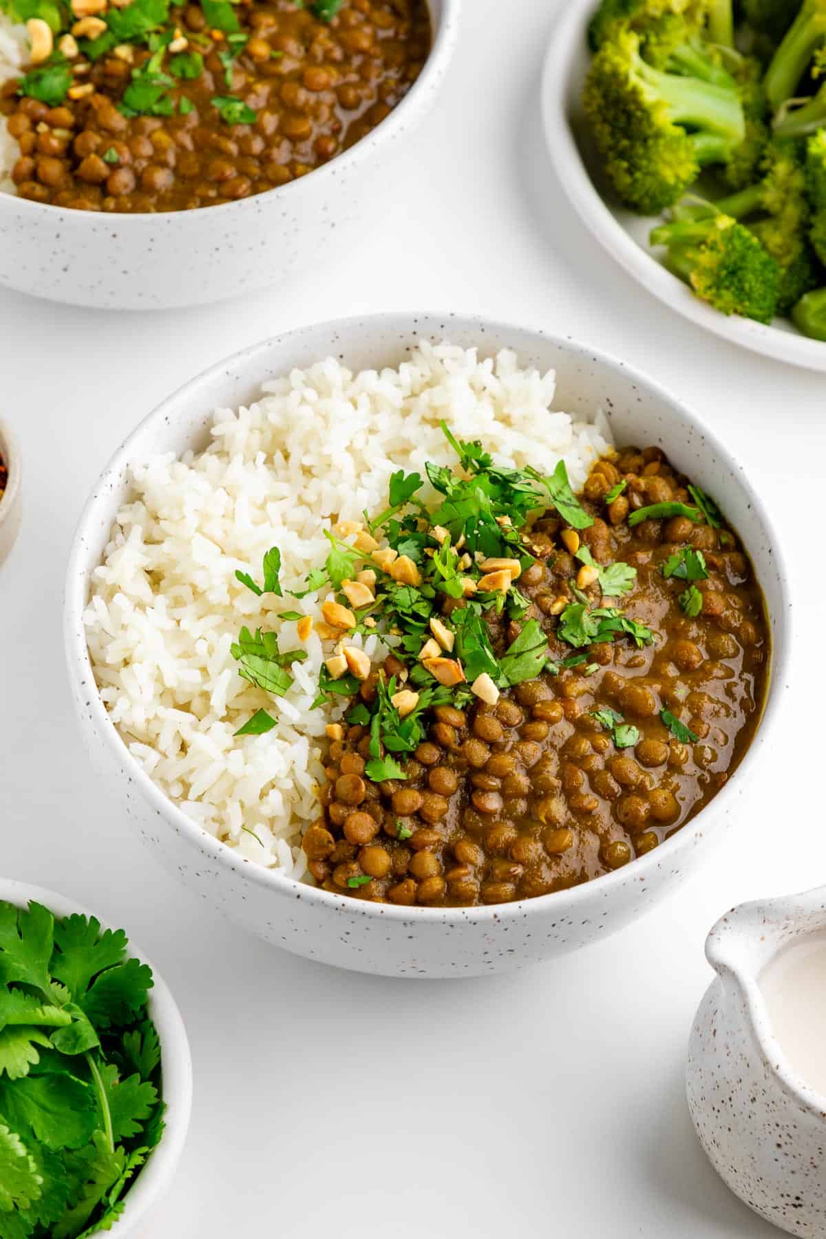 vegan slow cooker lentil curry with rice inside two ceramic bowls beside a plate of steamed broccoli