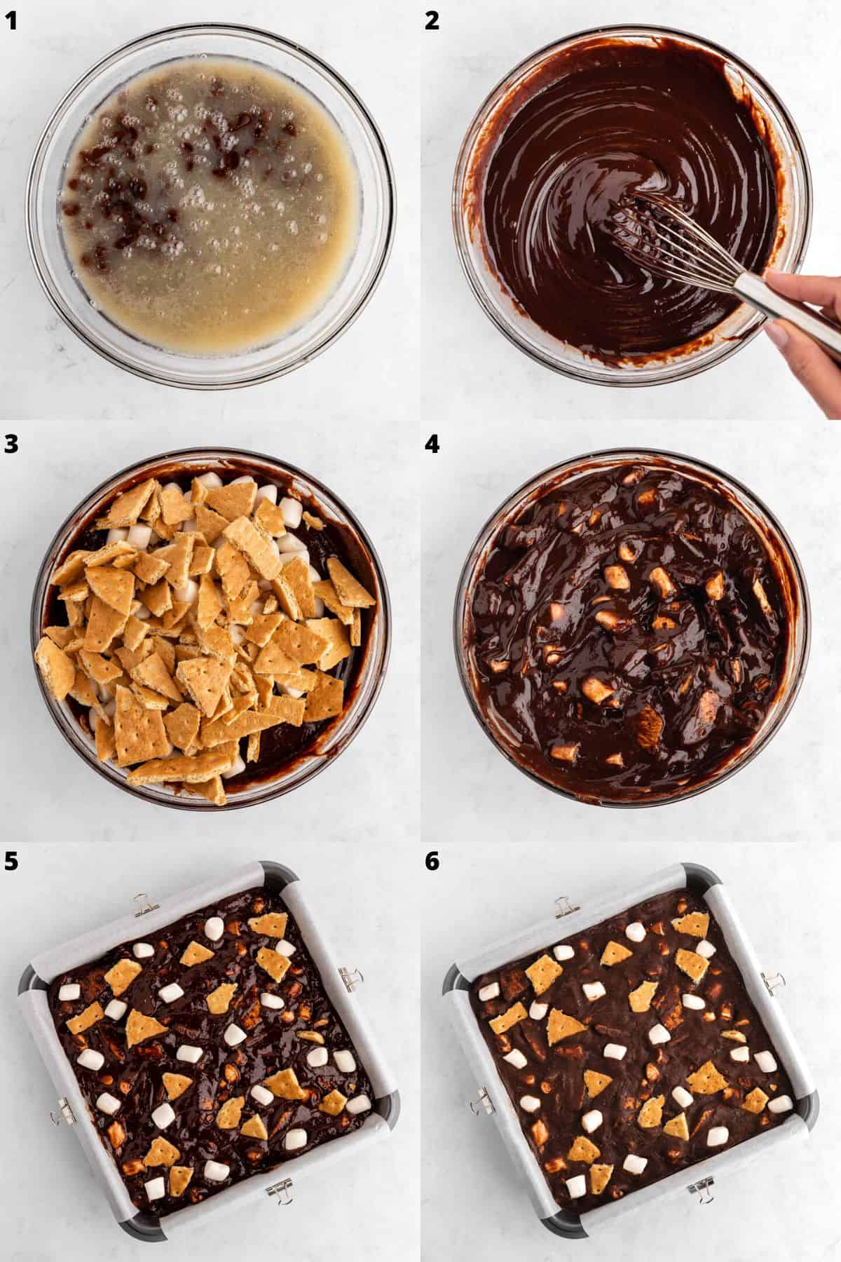 a six part photo collage of how to make vegan s'mores fudge bars